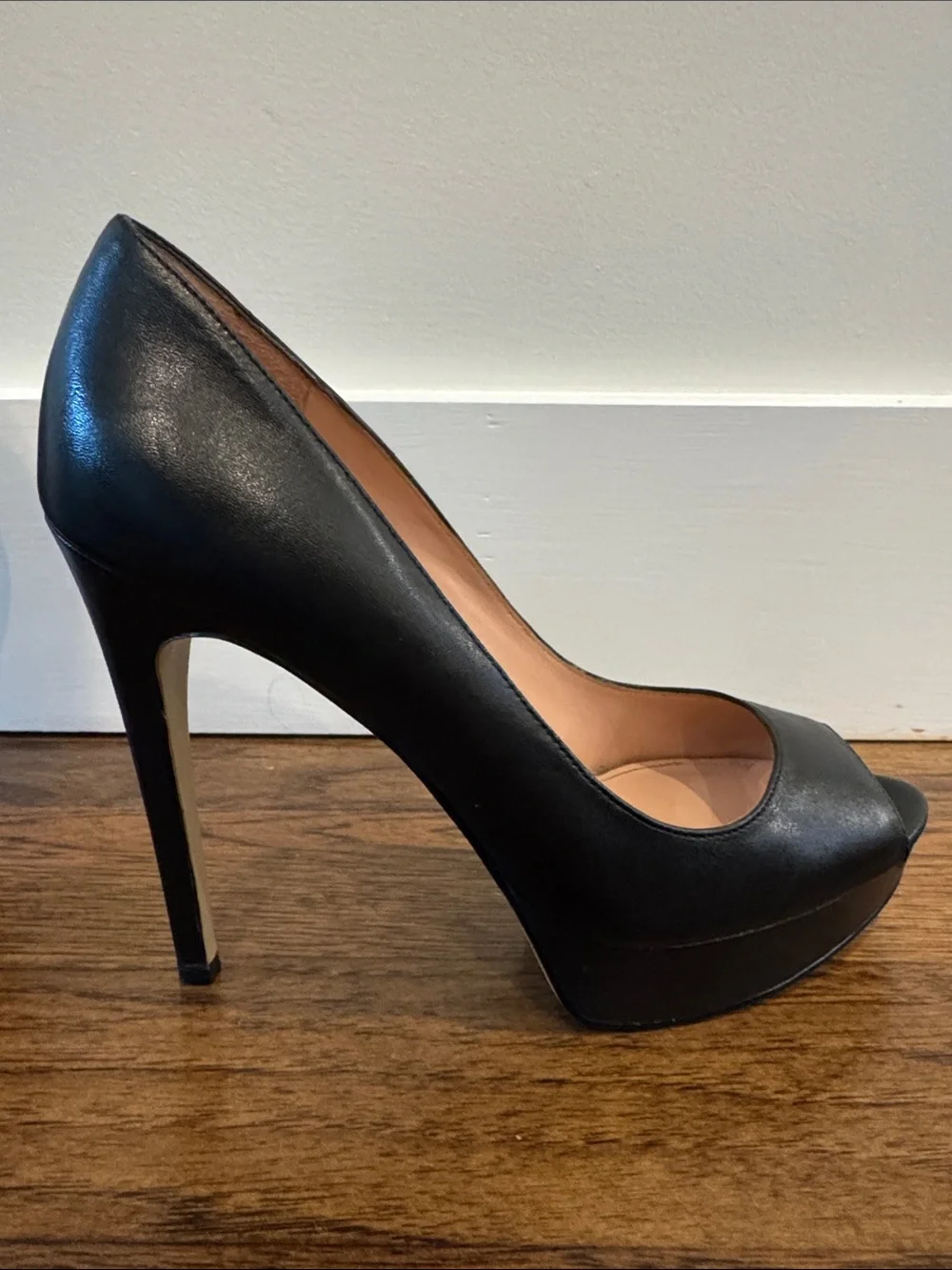 Enzo Angiolini Black Leather Peep-Toe Heels